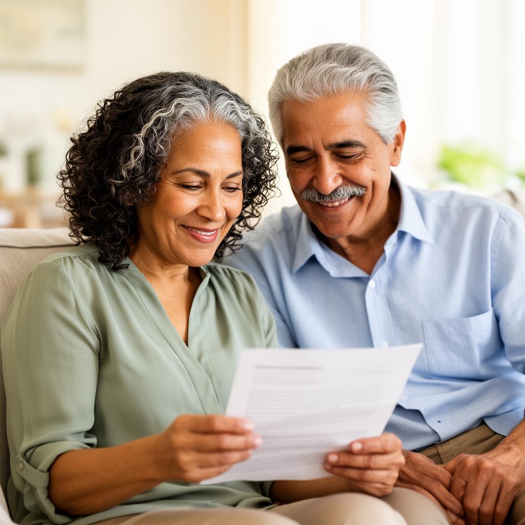 Pareja de adultos mayores leyendo un documento con tranquilidad