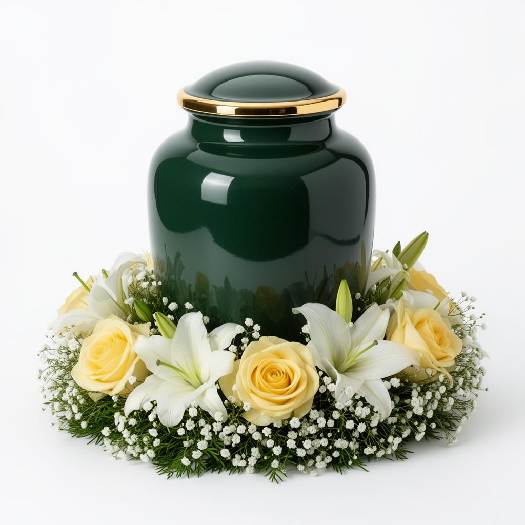Urna de cremación rodeada de rosas amarillas y lirios blancos